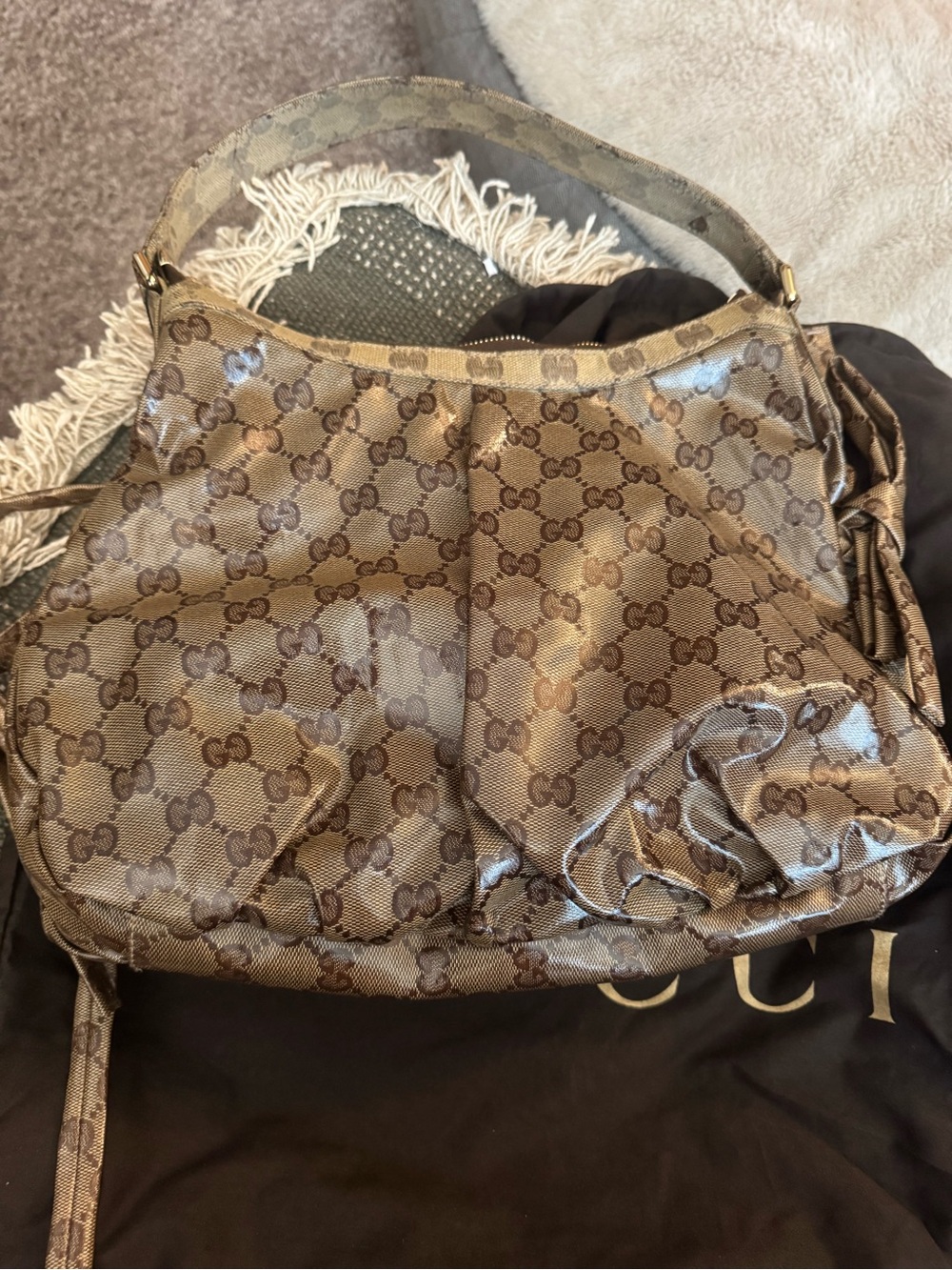 Gucci Brown Monogram Shoulder Bag with Brown and Beige Stripes image 3